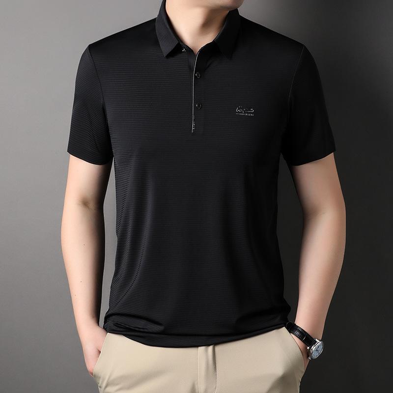 Summer Seamless Ice Silk Lapel Short-sleeved T-shirt Men's Business Casual Printed Stretch Polo Shirt Men's Clothing