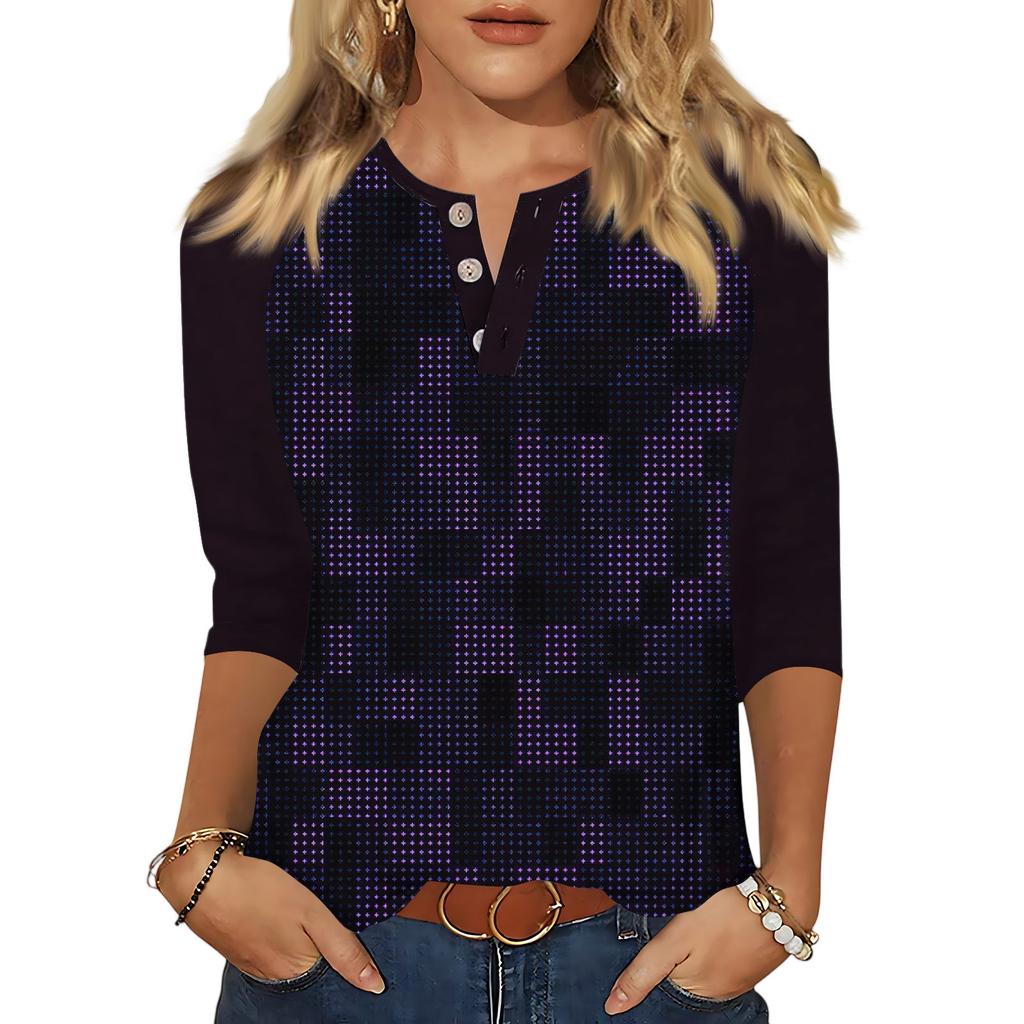 T-skjorte med trykkknapp for kvinner 3/4-ermet Daglig helgmote Basic V-hals vanlig topp