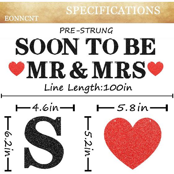 Pre-strung Soon to Be Mr & Mrs Banner - Black Glitter Bridal Shower Decorations for Wedding, Engagement or Bachelorette Party Photo Booth Props