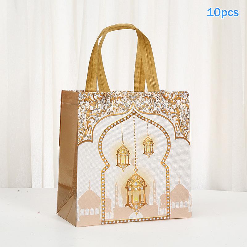 10Pcs Eid Mubarak Gift Bag Nonwoven Cookie Candy Packaging Bag Box Ramadan Kareem Muslim Islamic Festival Party Supplies