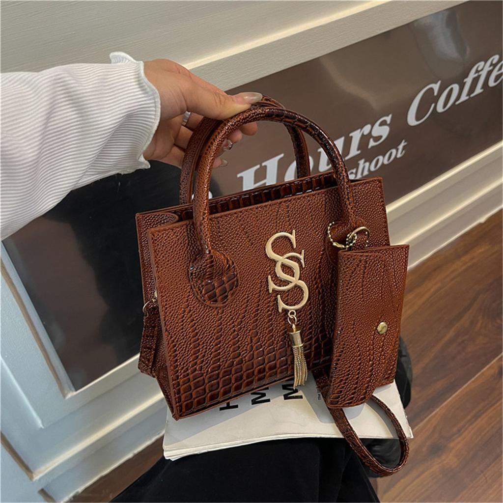 Fashion Solid Color Simple Crocodile Letters Tassel Casual Atmosphere Shoulder Handbag Bag For Women