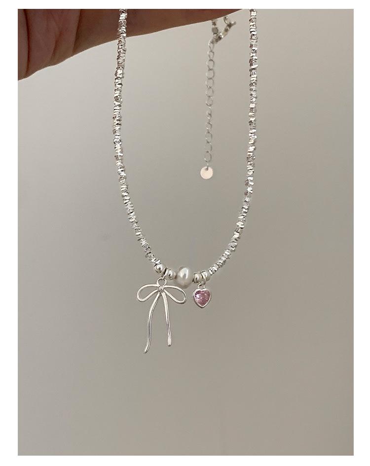 S925 Sterling Silver Pink Heart Bow Pearl Bracelet for Women