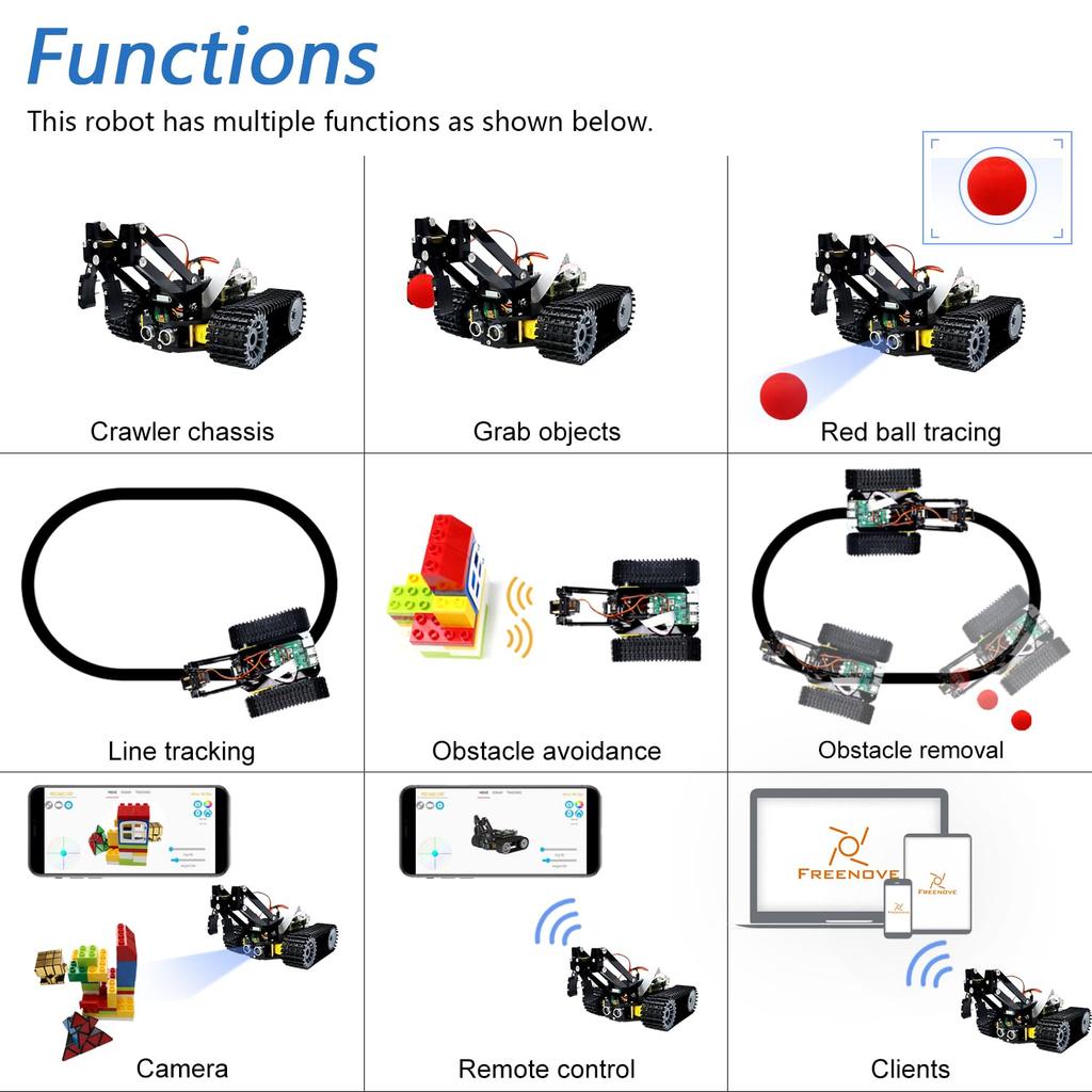 Freenove Tank Robot Kit for Raspberry Pi 5 4B Zero Crawler Object Ball Line Obstacle App Servo Pi Not 3B+ 2W, Chassis, Grasping, Tracking, Tracking,