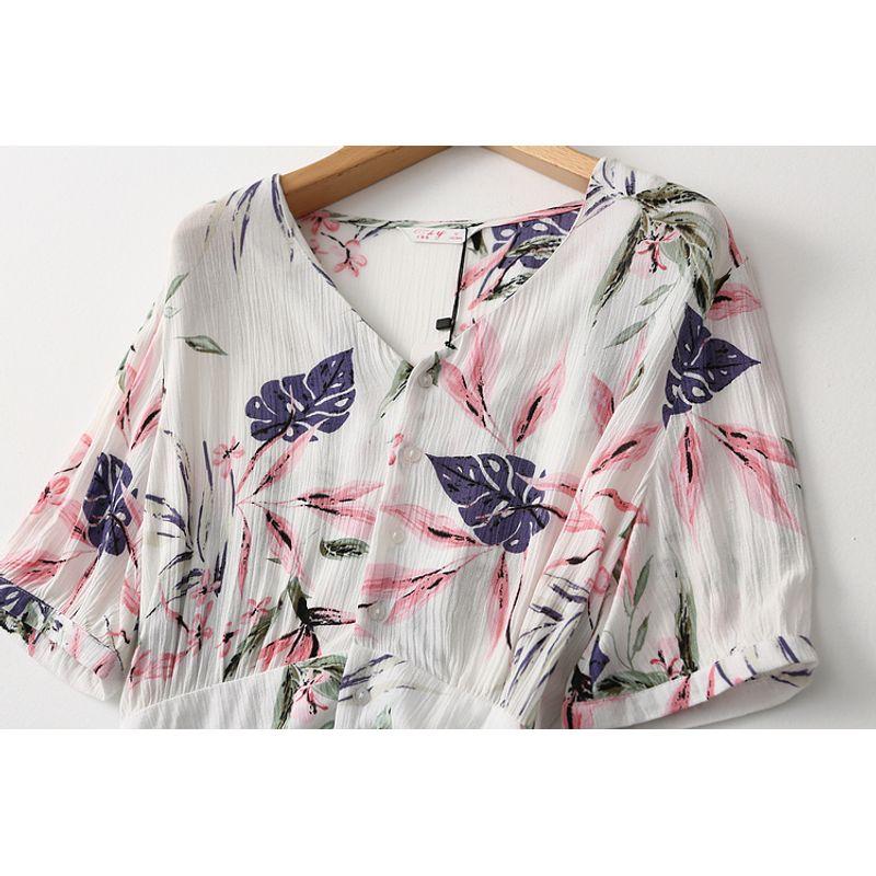 Super Fairy ~ Quality Cabinet Single Fresh Artsy Graceful Printed V-neck Ruched Stylish Short Sleeve Noil Poplin Dress Summer