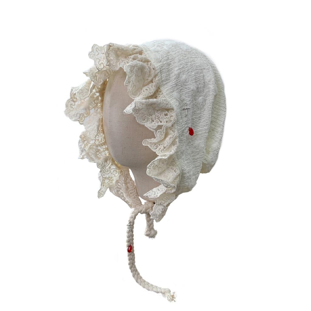 Lolita Lace Bonnet Hat for Women Goth Punk Soft Victorian Style Village Cap Head Covering Girls Lolita Costume Props Headpiece