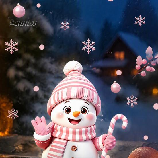 Party Atmosphere Wall Decorations Christmas Snowman Static Glass Stickers, Decorative Pink Decals, Waterproof PVC Creative Gift for Friends