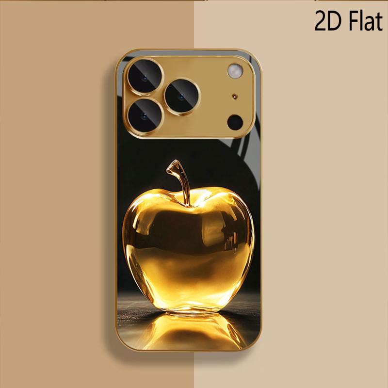 Golden Apple Patterned tempered glass design for iPhone16 17 ProMax 1514 1312 11ProMax Phone Case Camera Cover Shockproof Hard B