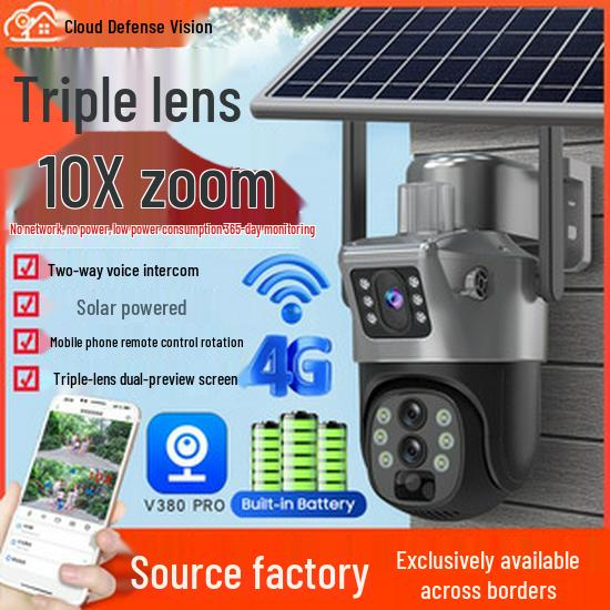 Panorama-Solarkamera mit Dual-Bildschirm, 4G, Triple-Objektiv, 10x Zoom & Überwachung mit Akku mit geringem Stromverbrauch