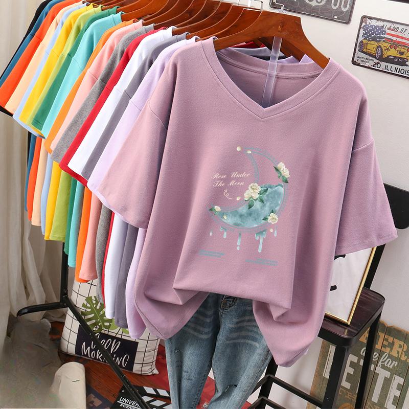 Camiseta de manga curta, Solta, Top V-neck Estampado Emagrecedor para Mulheres