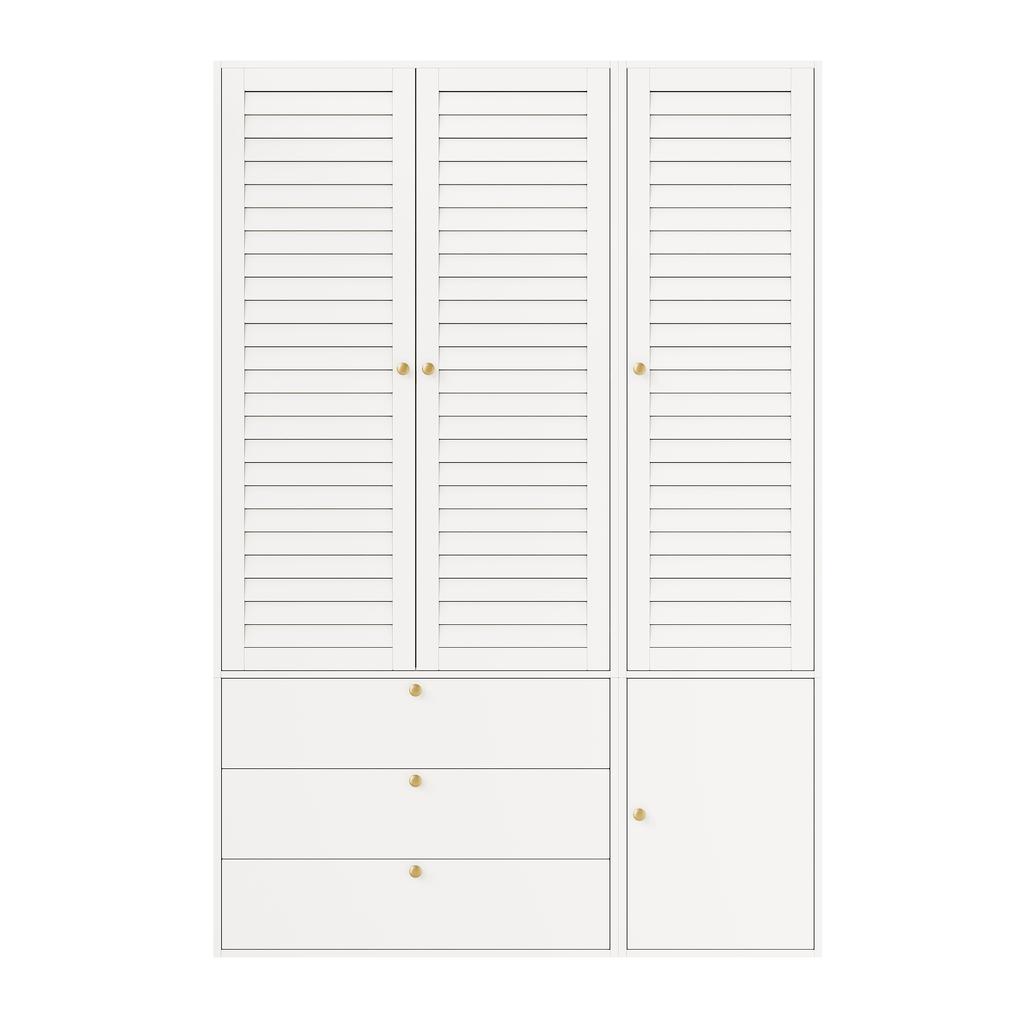 Wardrobe with 3 doors, slatted doors, white, 135 x 50 x 200 cm, with 1 trouser rack, 2 clothes rails and 3 drawers, for bedroom, children's room