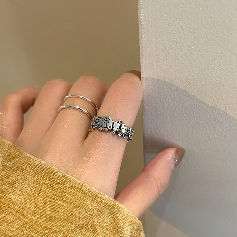 Ins Style Trendy Adjustable Open Ring With Vintage Cartoon Bear And Rabbit Characters Ideal For Fashion Forward Jewelry Womens
