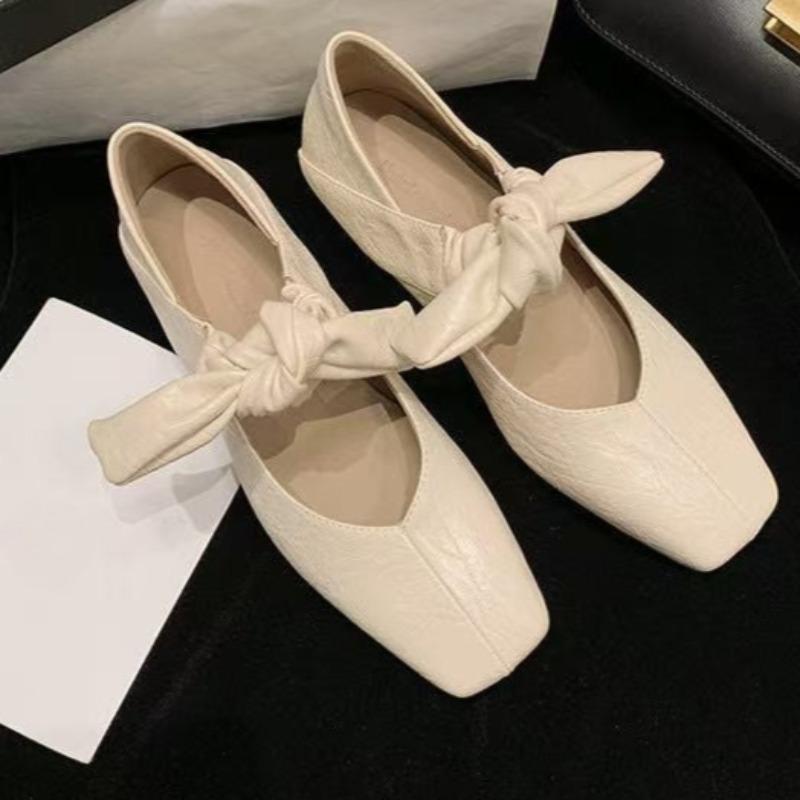 Fashion Fashion Flat Shoes Women's Spring Square Head Shallow Mouth Butterfly Knot Set Foot Soft Soles Non-slip Single Shoes