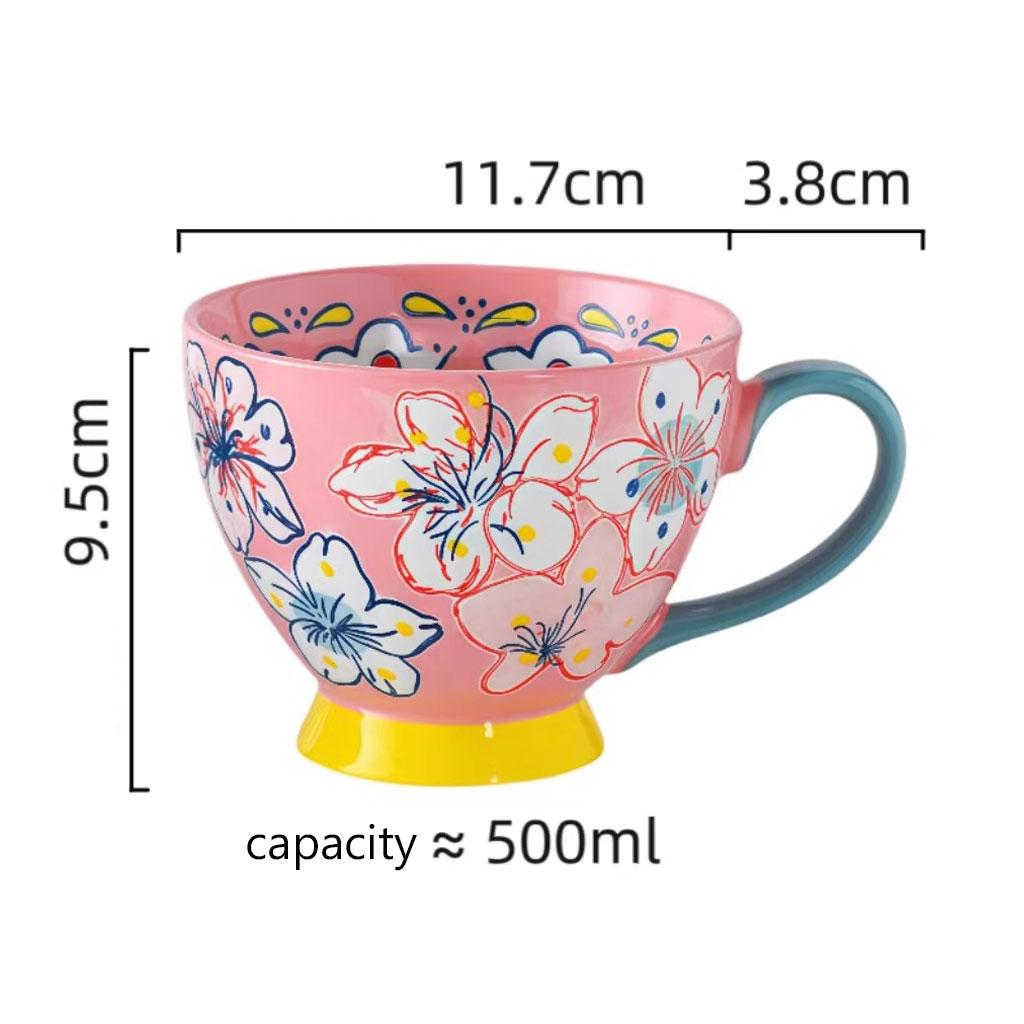 500ml Hand-Painted Ceramic Breakfast Mug – Colorful Glaze Flora lLarge Cup with Wide Mouth – Microwave & Dishwasher Safe