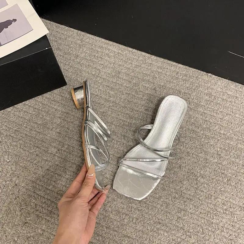 Fashion Comemore Thin Strap Thick Heel Women Sandals 2025 High Heel Slippers Large Size 42 Women's Shoes Slipper Block Heels for Women