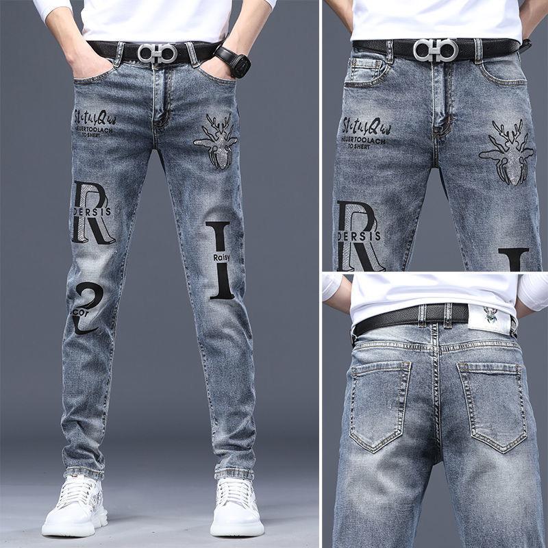 

Весенние трендовые джинсы, мужские корейские узкие брюки с небольшими штанинами, повседневные брюки с рваными дырками и вышивкой, дымчато-серый бренд Tide