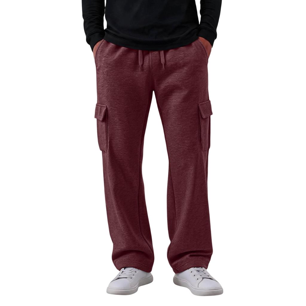 Men's Casual Cargo Pants with 4 Pockets, Elastic Waist with Drawstring, Loose Fit Straight Leg Pants for Everyday Wear