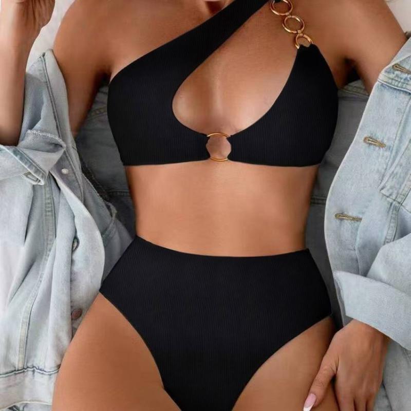 2 Piece Women One Shoulder Bikini Set Gold Ring Cut Out High Waist Solid Color Sexy Push Up Hollow Out Beach Vacation Bathing Suit