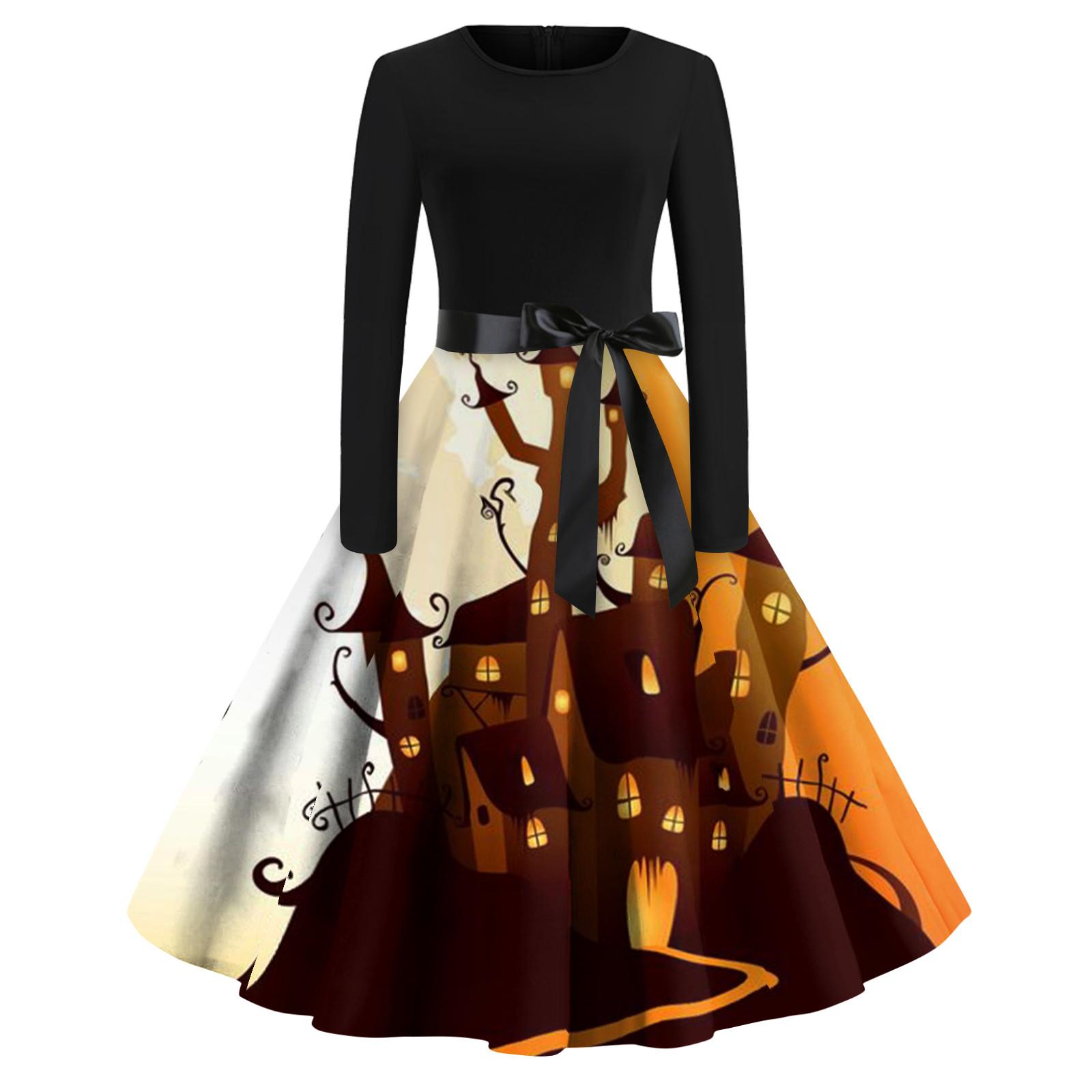 

Женское винтажное классическое платье с вырезом на талии и галстуком-бабочкой с длинными рукавами на Хэллоуин с принтом и V-образным вырезом, свободное платье XL имбирный