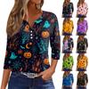 Women Casual Halloween Print V Neck 3/4 Sleeve Button Front Top Lightweight Soft Fabric Relaxed Fit Shirt