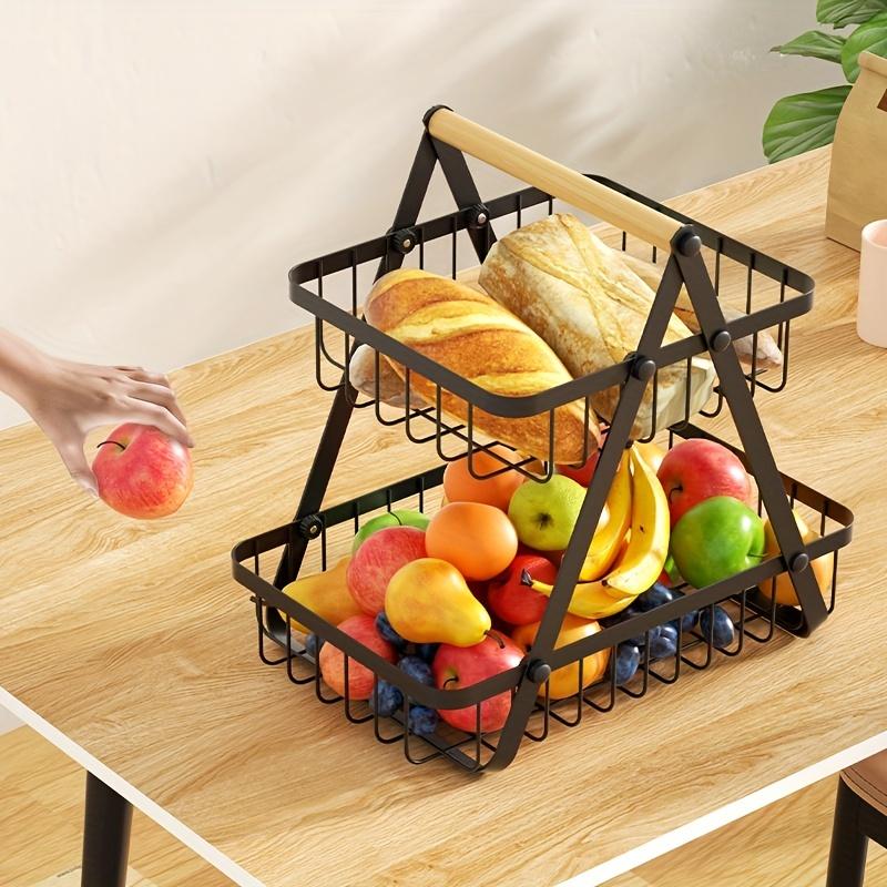 1pc 2/3 Tiers Storage Basket Countertop for Bathroom, Basket Bowl Stand Detachable Metal Wire Basket with Wooden Handle for Bathroom Storage Rack