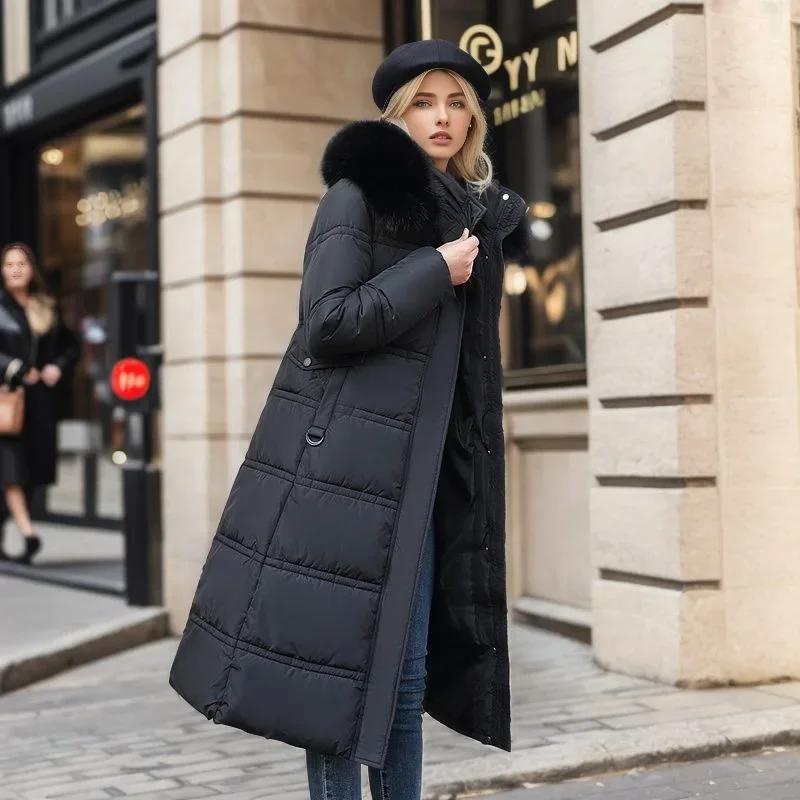 Damen Neue Jacke Parkas Pelzkragen Daunen Baumwolljacke Winter Kapuze Langer Parka Warm Weibliche Gepolsterte Jacke Lässige Oberbekleidung