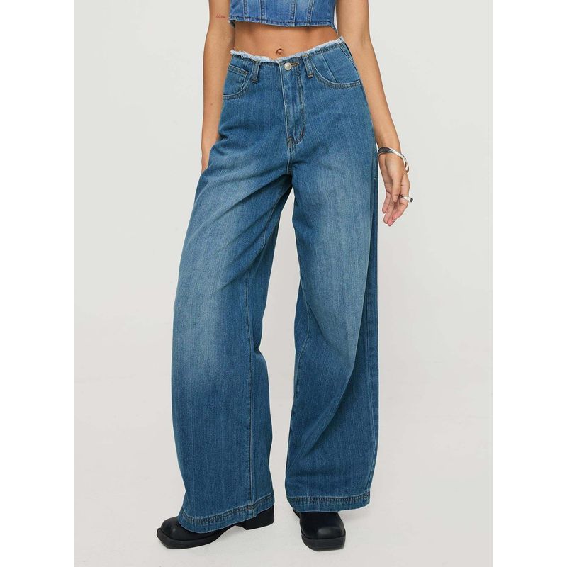 

Straight Leg Jeans Fashion American vintage Wide Leg High Waist Loose Slimming Straight Street Jeans Blue S