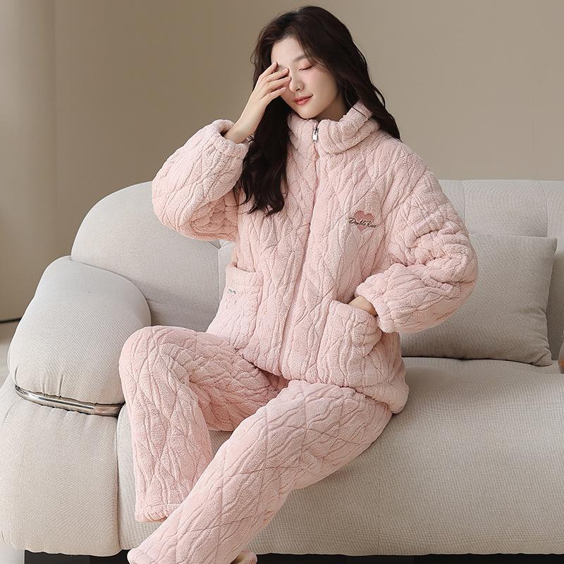 Couple pajamas winter coral fleece padded three-layer thickened fleece thermal storage warm men's and women's hooded loungewear set