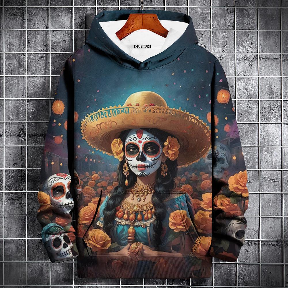 Herren Kapuzenpullover mit 3D-Totenkopf-Print, Kapuzenpullover, modische Straßenkleidung zum Tag der Toten, langärmeliges Oberteil, übergroßer Pullover