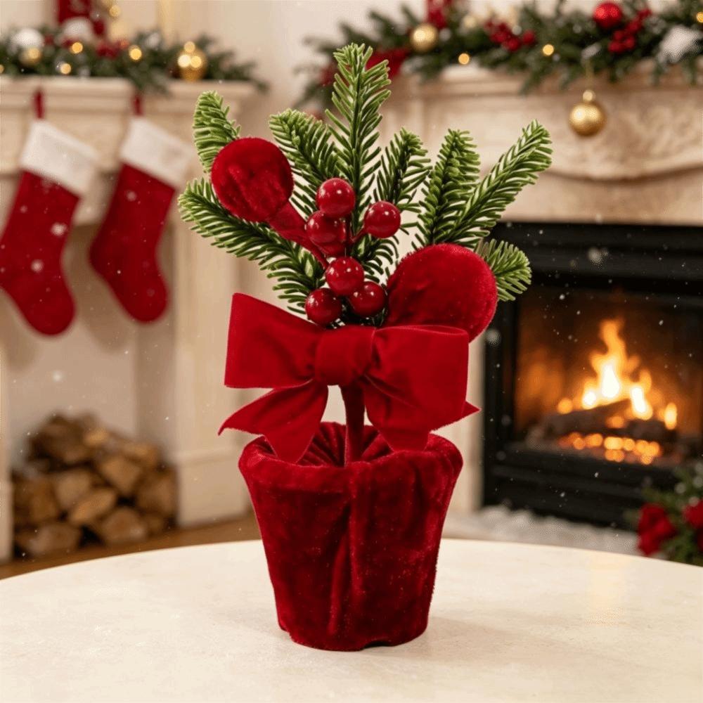 Fabric Christmas Potted Plant Wine Red Christmas Decoration Plant Mini Potted Christmas Tree Desks