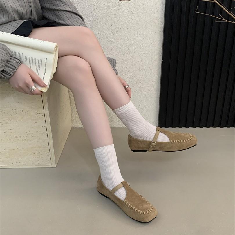 Thick heel light mouth Mary Jane shoes square head French flat-soled single shoes autumn new casual soft-soled shoes grandma shoes