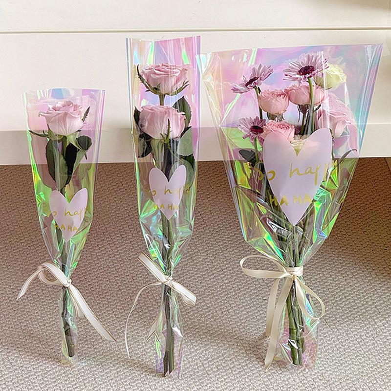 30PCS Love Heart Iridescent Single Rose Sleeves DIY Transparent Flower Wrapping Bag Floral Material Packaging Waterproof