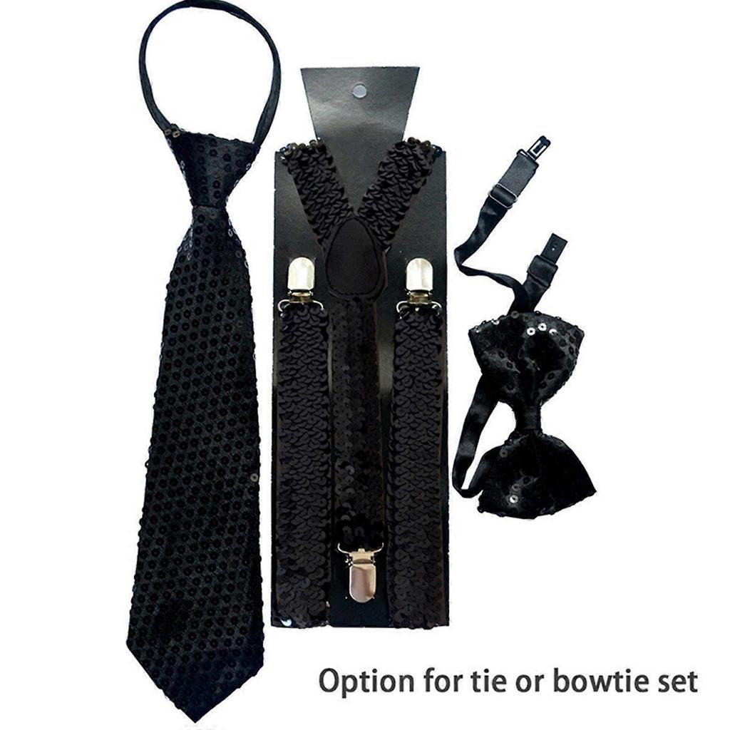 Men Women 3-In-1 Sparkly Fish Scales Sequins Y-Back Adjustable Suspenders Bowite Necktie Set Outfits Cosplay Costume  Yellow