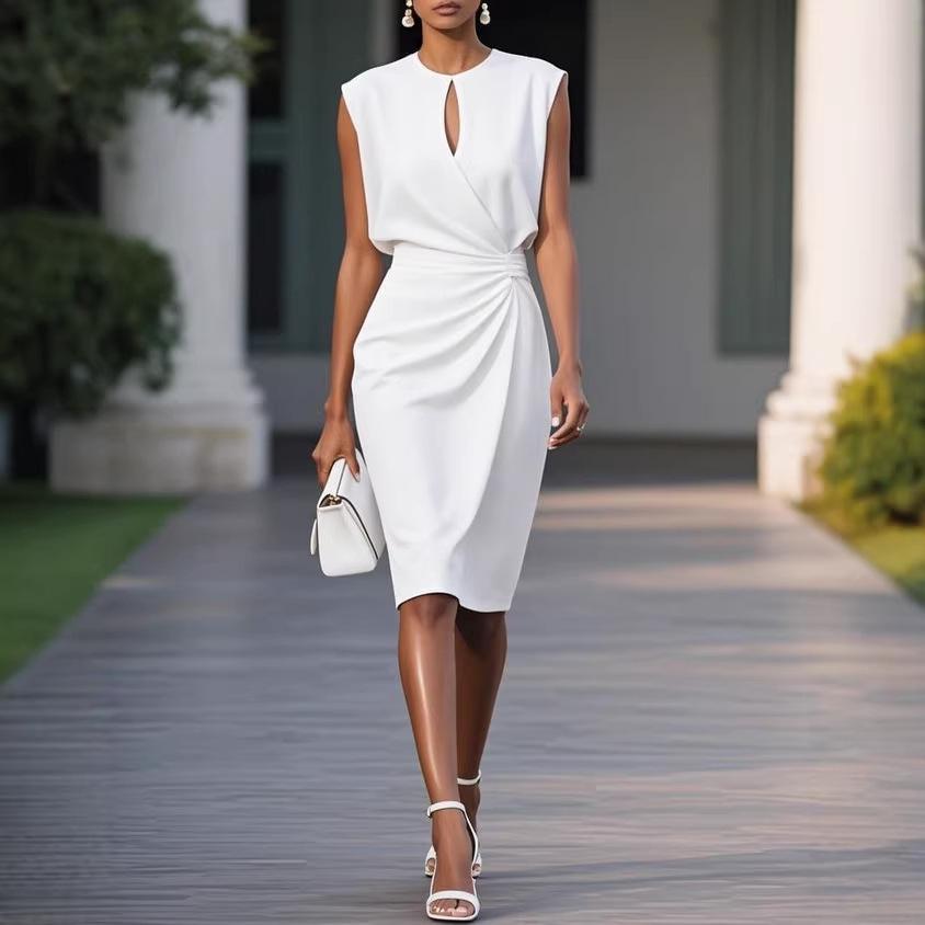 2026 European and American women's clothing, retro temperament cross solid color knotted round neck hollow dress