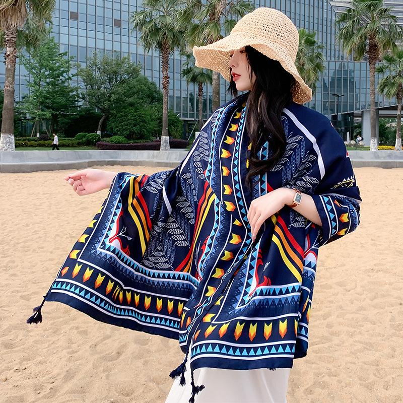 New Summer Elegant Women Silk Scarf Beach Wrap Shawl Vintage Red Plaid Print Sunscreen Bandana Hijab Mujer Bohemian Scarve Pareo