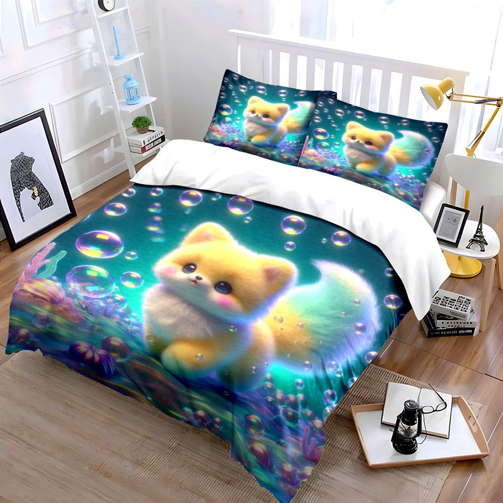 Cute Fox In Magical Bubbles Printed Duvet Cover Set1 Duvet Cover+2 Pillowcasemulti Size Bedroom Bedding Decor Machine Washable