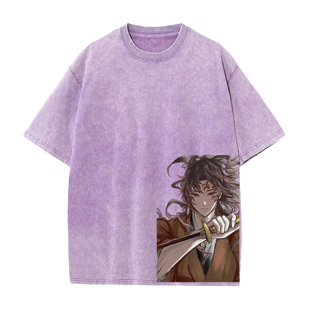 Anime Demon Slayer Tsugikuni Yoriichi Printed Tee Men Women Washed Cotton T-shirts Short Sleeve Vintage T Shirt Harajuku Tshirt