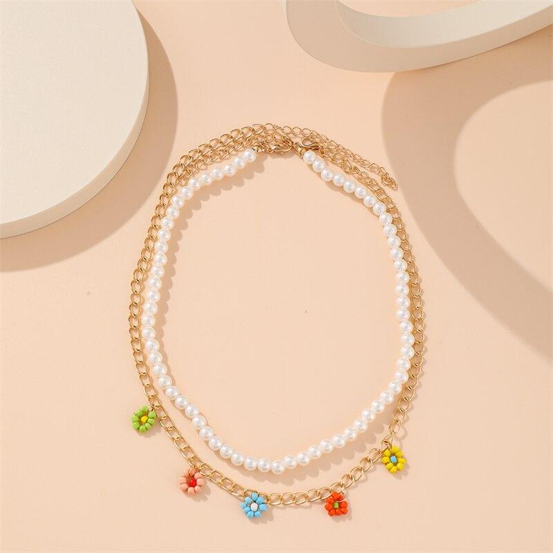 iF ME 2 Pcs Böhmische Mehrfarbige Perlen Kette Halsketten Für Frauen Boho Gold Farbe Metall Kette Handgemachte Perlen Blume Halskette Schmuck