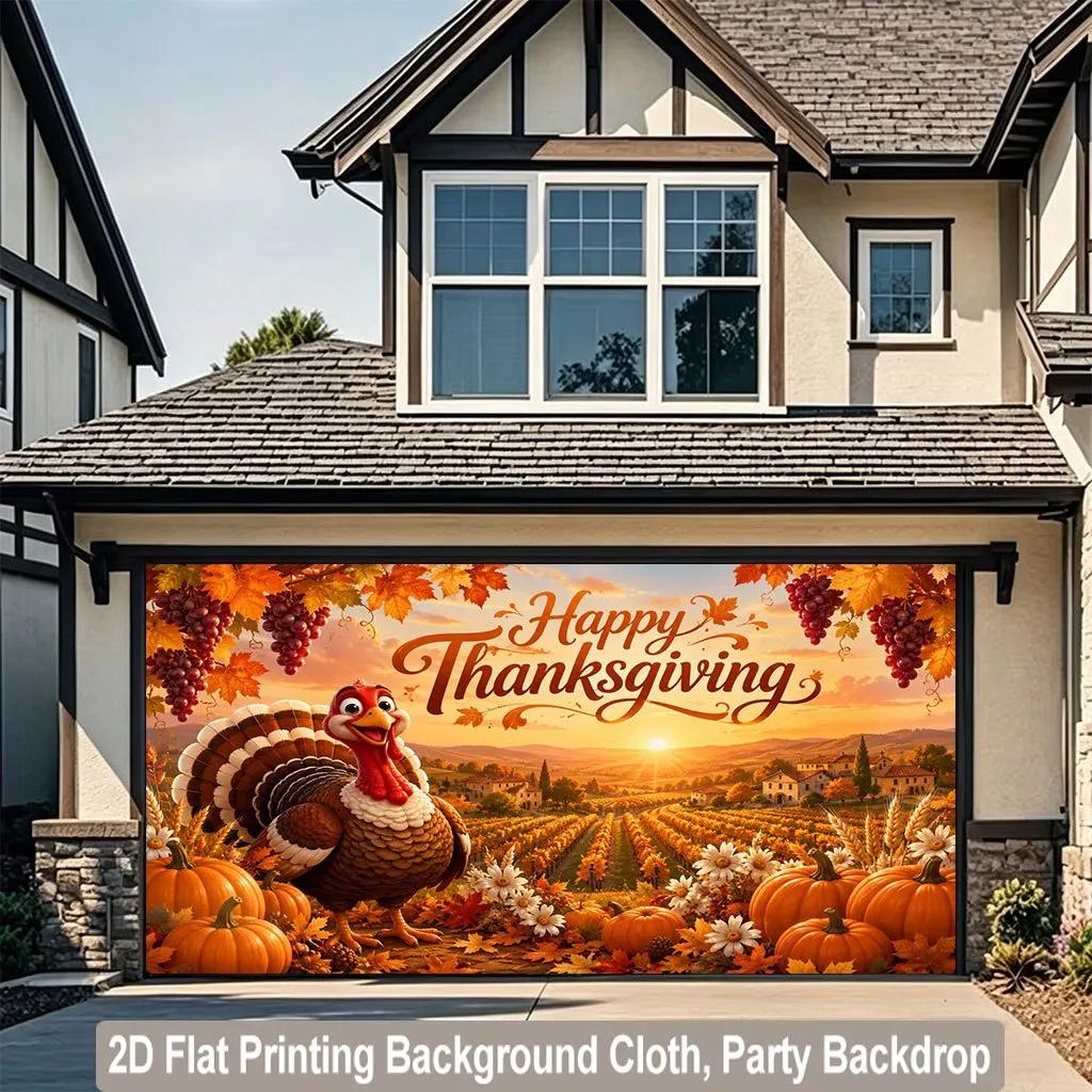 piece of 2D flat background fabric Thanksgiving pumpkin turkey beautiful manor scenery background bannerPMJ