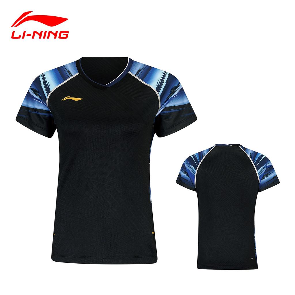 Li-Ning V-Neck Printed Breathable Short Sleeve Badminton Shirt Women Tops Black AAYW042-1