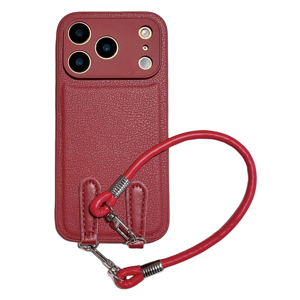 For iPhone 17 Pro Case TPU PU Leather PC Anti-drop Phone Back Cover with Wrist Strap
