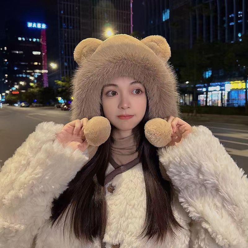 Winter Bear Plush Hat Outdoor Cycling Ear Protection Hat Thickened Warm Hat Casual Fleece Hat Women'S Warmth Essentials