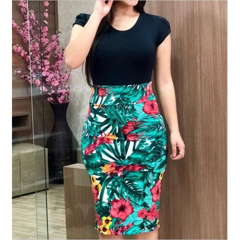women's Color Block Floral Print Short Sleeve Bodycon Dress Round Neck Pencil Dress