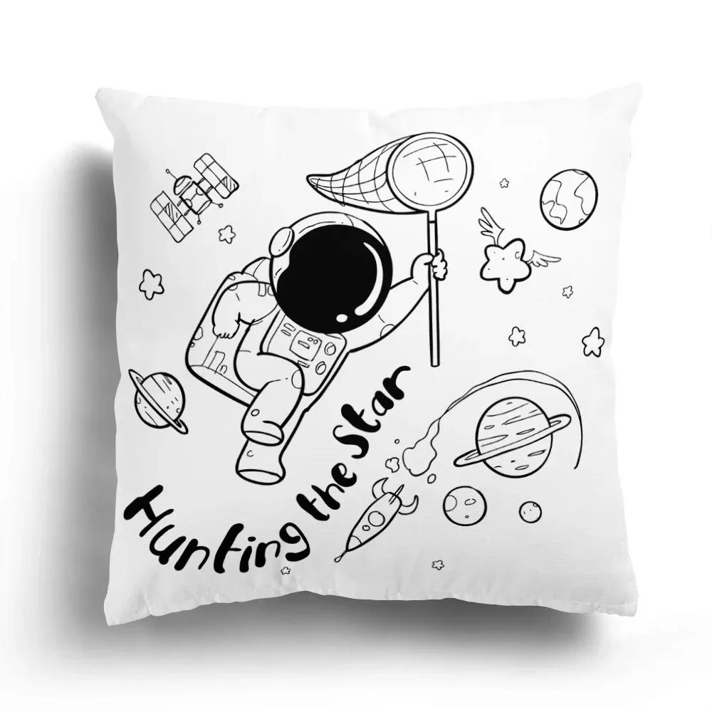 Fashion Black and White Sky Cartoon Astronaut Home Sofa Cushion Cover Cartoon Pattern Room Bedroom Pillowcase Decoration