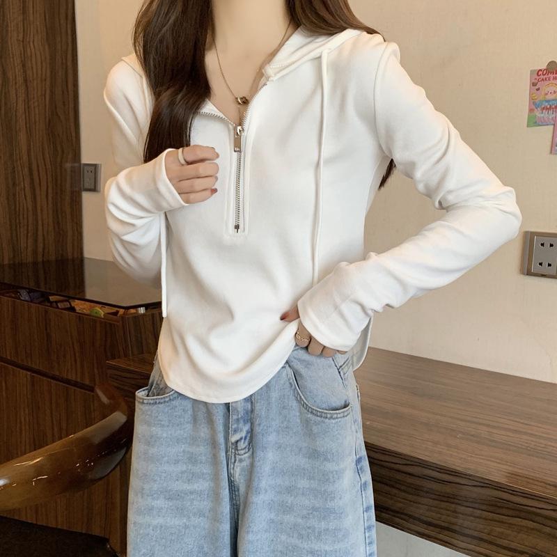 Women's Fashionable Slim-fit Cotton Sweatshirt Hoodie, Spring/Summer, Long-Sleeved, Short Zipper, Thin Design