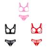 Women Ladies Bare Chest Sexy Lingerie Set Wet Look Patent Leather Underwear Suit Open Cups Bras with Crotchless Briefs Clubwear