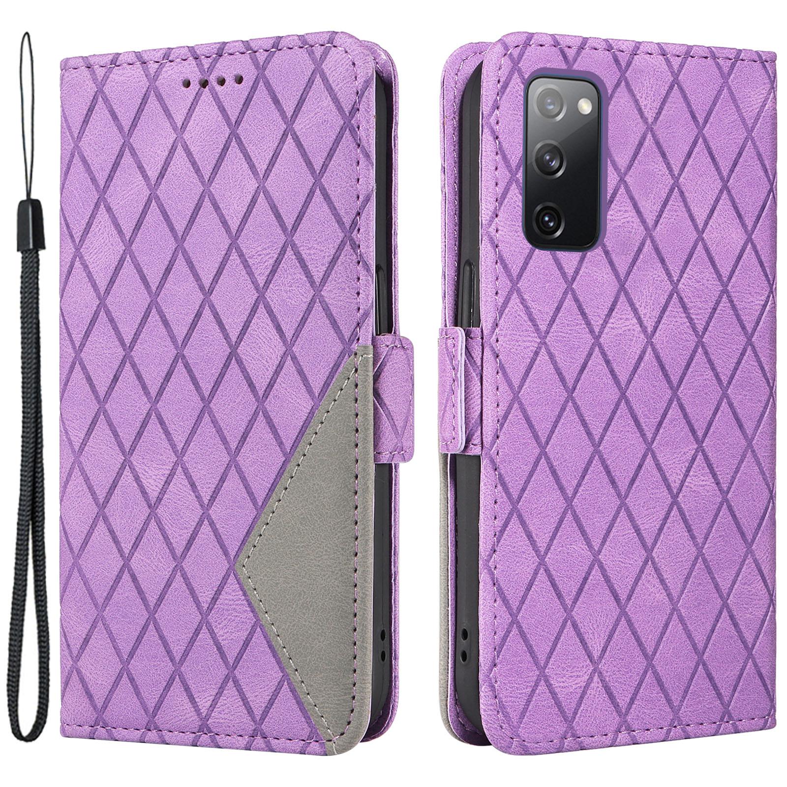 

For Samsung Galaxy S20 FE/S20 FE 5G/S20 FE 2022/S20 Lite Color Splicing Leather Case Rhombus Imprinted Wallet Stand Phone Cover Purple