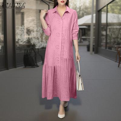 Womens Casual Long Sleeve Embroidery Crochet Patchwork Long Dress