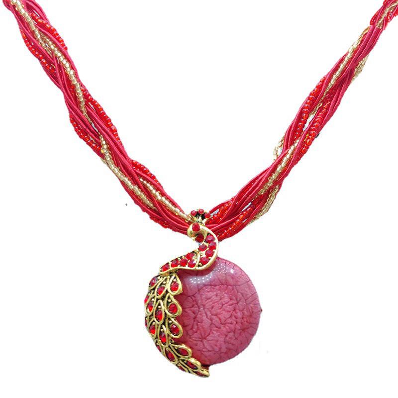 Bohemian Peacock Gemstone Pendant Necklace, Ethnic Retro-Style Jewelry