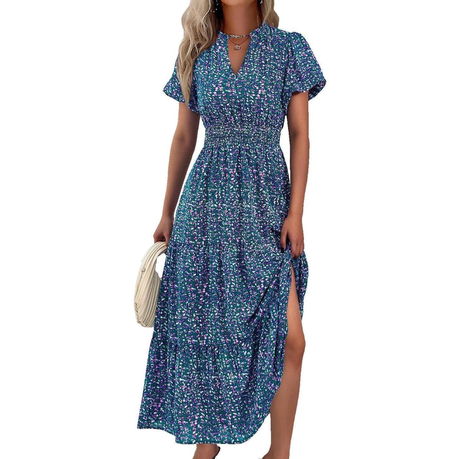 

Женское летнее повседневное платье-пуловер с v-образным вырезом и эластичной резинкой на талии с принтом L синий