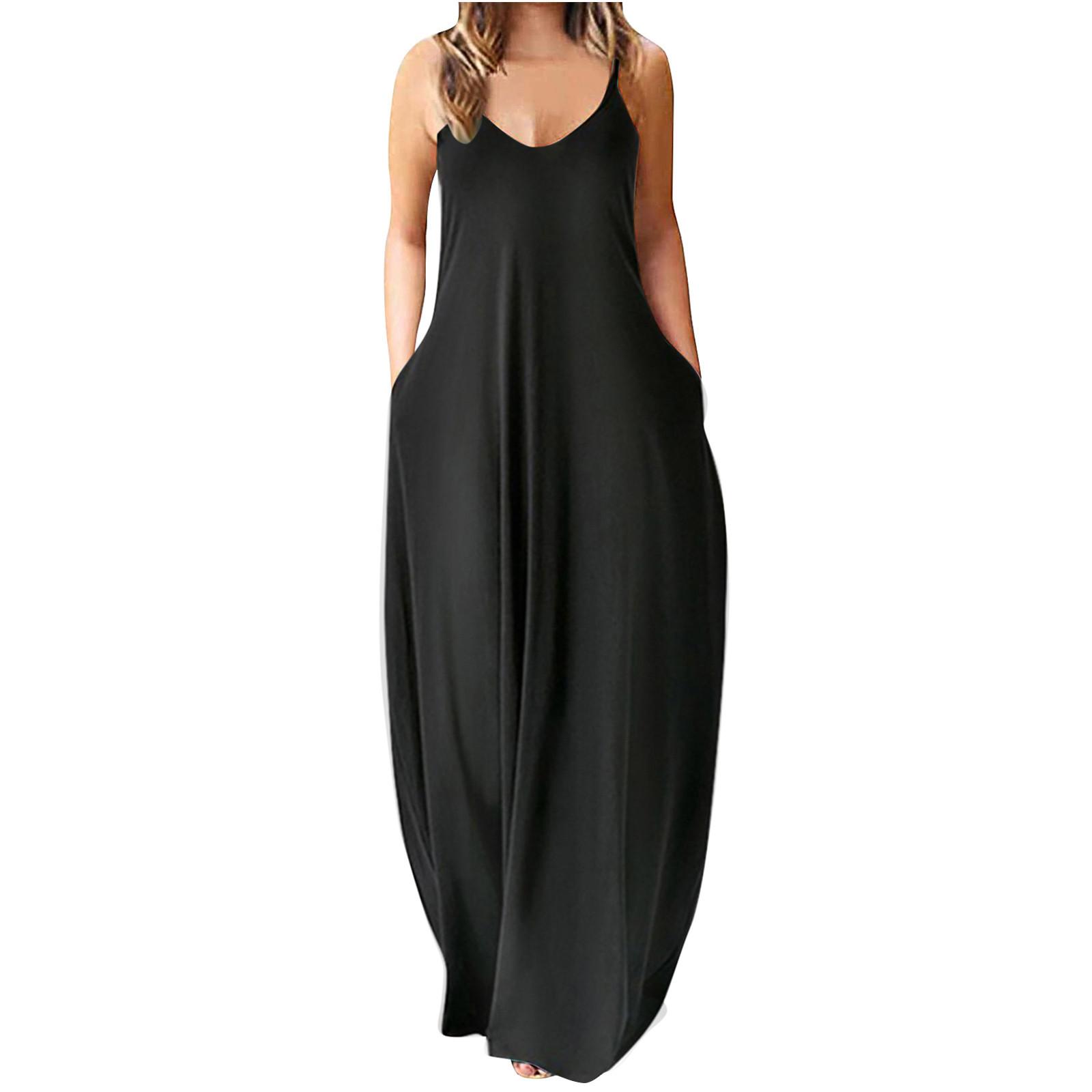 

Женские свободные простые макси-платья без рукавов, повседневное длинное платье на бретельках с карманами XXXXL чёрный